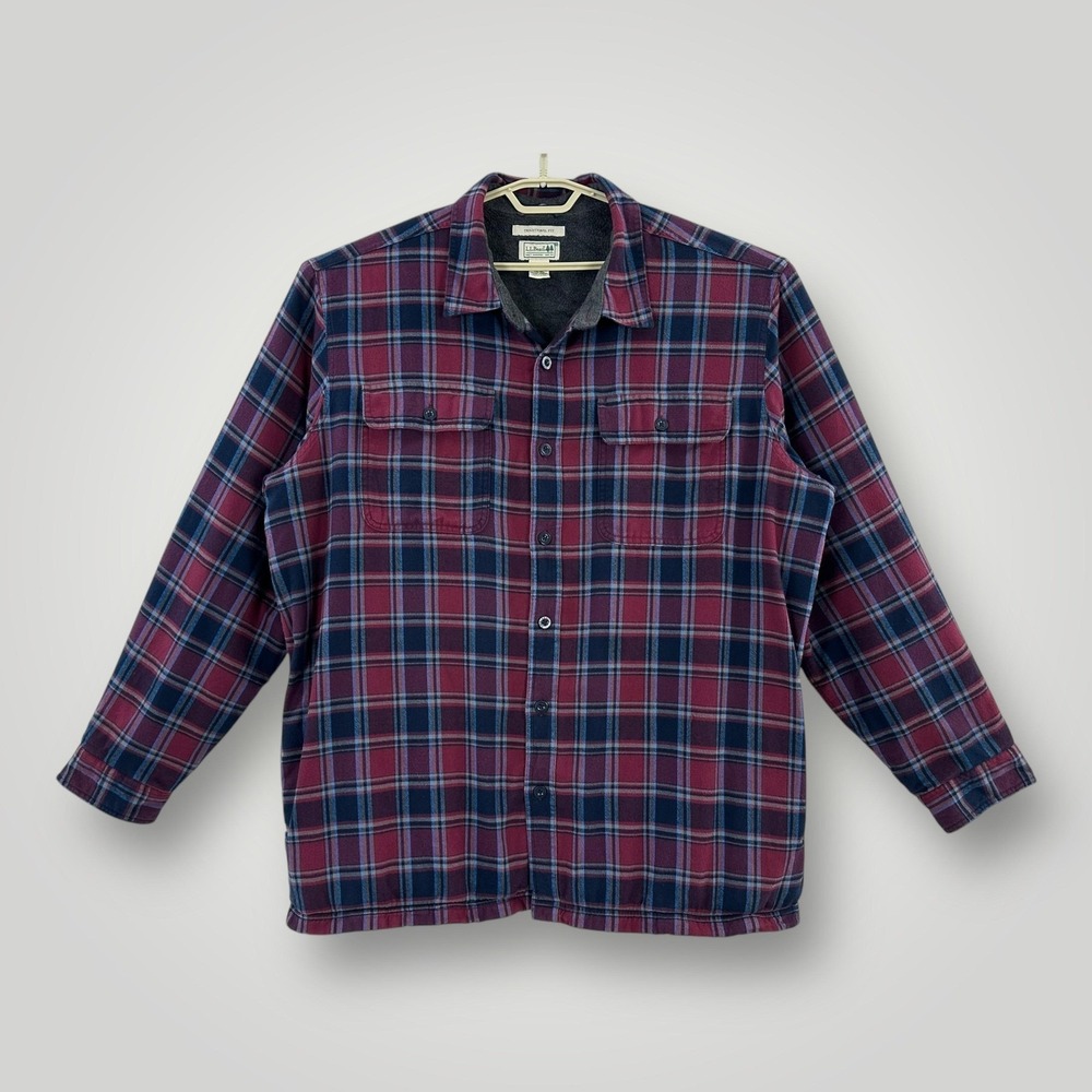 L.L.Bean Fleece Lined Flannel Plaid Shirt Mens 2XL Burgundy Navy Traditional Fit